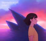  1girl black_hair brown_eyes cloud cover_image ilya_kuvshinov lips original outdoors parted_lips profile shirt short_hair solo sunset t-shirt upper_body wind 