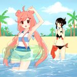  2girls absurdres ahoge arm_above_head armpits beach bikini black_bikini black_hair blue_bow blue_sky blue_swimsuit blush blush_stickers bow bracelet breasts chiroxai chloe_(r/animemes) choker cleavage cloud collarbone day double_bun eyebrows_visible_through_hair frilled_swimsuit frills hair_bun highres innertube jewelry long_hair looking_at_viewer medium_breasts multiple_girls o-ring o-ring_bikini one-piece_swimsuit open_mouth outdoors palm_tree pink_hair red_eyes reddit sachi_(r/animemes) sand short_hair sideboob sidelocks sky small_breasts striped striped_swimsuit swimsuit thigh_gap thigh_strap tree twintails very_long_hair wading water white_swimsuit 