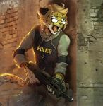  2019 5_fingers ambiguous_gender anthro cheetah clothed clothing detailed_background digital_media_(artwork) eyewear felid feline glasses gun holding_object holding_weapon kaitycuddle mammal open_mouth ranged_weapon solo standing teeth tongue weapon 