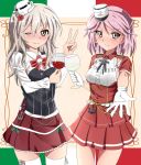  2girls alcohol anchor beige_background breasts brown_eyes commentary_request corset cowboy_shot cup drinking_glass flag_background giuseppe_garibaldi_(kantai_collection) gloves grey_hair hat highres italian_flag kantai_collection looking_at_viewer medium_breasts mini_hat miniskirt multicolored multicolored_background multiple_girls one_eye_closed pink_eyes pink_hair pleated_skirt pola_(kantai_collection) red_skirt sebunsu shirt short_hair short_sleeves skirt smile thighhighs v wavy_hair white_gloves white_headwear white_legwear white_shirt wine wine_glass 