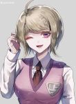  1girl ahoge akamatsu_kaede alternate_hair_length alternate_hairstyle artist_name bangs blonde_hair blush breasts commentary_request danganronpa eighth_note eyebrows_visible_through_hair grey_background hair_ornament large_breasts long_sleeves looking_at_viewer musical_note musical_note_hair_ornament necktie new_danganronpa_v3 one_eye_closed open_mouth pink_sweater_vest purple_eyes red_neckwear school_uniform shirt short_hair smile solo sweater_vest twitter_username white_shirt z-epto_(chat-noir86) 