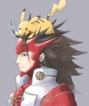  1boy armor brown_eyes brown_hair fire_emblem fire_emblem_if gen_1_pokemon gloves long_hair male_focus pikachu pokemon pokemon_(creature) pokemon_(game) pokemon_rgby red_armor robaco ryouma_(fire_emblem_if) smile solo spiked_hair super_smash_bros. very_long_hair 
