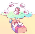 1girl absurdres bed brown_hair chibi commentary counting_sheep dreaming english_commentary female_protagonist_(pokemon_swsh) gen_8_pokemon green_headwear highres jumping pokemon pokemon_(creature) pokemon_(game) pokemon_swsh redricewine short_hair simple_background sleeping solo tam_o&#039;_shanter thought_bubble u_u under_covers wooloo yellow_background 