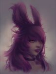  1girl animal_ears bangs bare_shoulders blush bunny_ears choker cropped_torso dark_skin face facing_viewer final_fantasy final_fantasy_xiv grey_background lips purple_hair solo soranamae viera yellow_eyes 