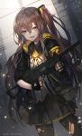  1girl :d absurdres artist_name bangs black_gloves black_jacket black_legwear black_skirt blurry brown_eyes brown_hair cowboy_shot fingerless_gloves girls_frontline gloves gun hair_between_eyes hair_ornament heckler_&amp;_koch highres holding holding_gun holding_weapon jacket long_hair long_sleeves looking_at_viewer miniskirt object_namesake one_side_up open_clothes open_jacket open_mouth pantyhose pleated_skirt shirt sidelocks skirt smile solo standing torn_clothes torn_legwear torn_shirt trigger_discipline twitter_username ump45_(girls_frontline) unity_(ekvmsp02) weapon white_shirt wing_collar 