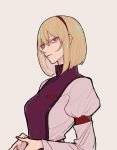  1girl alternate_hair_length alternate_hairstyle alternate_headwear armband blonde_hair bob_cut hairband iamthekingofegg purple_eyes short_hair simple_background tabard touhou yakumo_yukari 