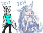  2019 amber_eyes animal_humanoid blue_nails blush bow_tie breasts cat_humanoid clothed clothing colored_nails egocider felid felid_humanoid feline feline_humanoid female fluffy fluffy_tail fur hair hi_res humanoid inner_ear_fluff licking long_hair mammal mammal_humanoid nails open_mouth shirt simple_background slit_pupils solo standing t-shirt tongue tongue_out topwear version_comparison white_background white_fur white_hair 
