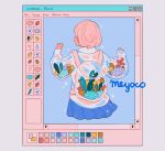  1girl aqua_flower artist_name backpack bag blue_skirt facing_away flower from_behind hands_up leaf long_sleeves meyoco original pink_flower pink_hair purple_flower short_sleeves skirt solo transparent upper_body white_flower window_(computing) 