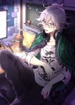 1boy ahoge black_pants chair chips collarbone commentary_request cup danganronpa drinking_straw eyebrows_visible_through_hair food glasses green_eyes hair_between_eyes headphones headphones_around_neck highres holding in_mouth indoors keyboard_(computer) knee_up komaeda_nagito male_focus medium_hair messy_hair monokuma nanin notes pants pen pocky screen shirt sitting solo super_danganronpa_2 teeth translation_request white_hair white_shirt 