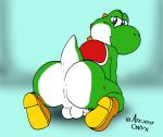  all_fours ancientonyx anthro anus balls blue_eyes butt clothing erection footwear looking_at_viewer looking_back male mario_bros nintendo penis perineum presenting scalie shoes smile solo video_games yoshi 
