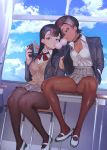  2girls bangs black_choker black_eyes black_hair black_legwear blazer blue_jacket blue_sky breasts brown_legwear bubble_blowing cellphone chair chewing_gum choker classroom cleavage clothes_grab cloud cloudy_sky curtains dark_skin day desk dotsuco dress_shirt dutch_angle earrings emblem grey_hair half-closed_eyes hand_in_pocket high-waist_skirt holding holding_cellphone holding_phone indoors jacket jewelry long_hair looking_at_another looking_at_viewer medium_breasts microskirt miniskirt miru_tights multiple_girls nakabeni_yua on_chair on_desk pantyhose phone school_chair school_desk school_uniform shirt shoes short_hair sitting skirt sky smartphone stud_earrings tsubaki_shuu unbuttoned unbuttoned_shirt uwabaki v white_footwear white_shirt window 