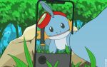  16:10 2019 ambiguous_gender black_eyes blue_body cellphone dotrook eyewear first_person_view forest goggles goggles_on_head grass hi_res implied_transformation mudkip nintendo open_mouth phone pok&eacute;mon pok&eacute;mon_(species) rock smartphone solo tree video_games 
