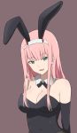  1girl :d animal_ears bangs black_leotard black_ribbon black_sleeves blunt_bangs breasts brown_background bunny_ears bunny_girl bunnysuit cleavage collar darling_in_the_franxx detached_collar detached_sleeves eyebrows_visible_through_hair green_eyes hairband horns leotard long_hair long_sleeves looking_at_viewer medium_breasts neck_ribbon open_mouth pink_hair ribbon rizuta shiny shiny_skin simple_background smile solo strapless strapless_leotard upper_body white_collar white_hairband wing_collar zero_two_(darling_in_the_franxx) 