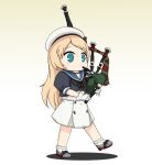  1girl bagpipes blonde_hair blue_eyes blue_sailor_collar dress frilled_legwear full_body gloves gradient gradient_background grey_background hat highres instrument jervis_(kantai_collection) kantai_collection long_hair marching sailor_collar sailor_dress sailor_hat short_sleeves solo standing white_dress white_gloves white_headwear yakuto007 