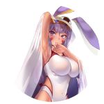  1girl animal_ears armpits bangs blunt_bangs blush breasts covered_navel dark_skin earrings eyebrows_visible_through_hair facial_mark fate/grand_order fate_(series) highres hoop_earrings jackal_ears jewelry large_breasts long_hair low-tied_long_hair nitocris_(fate/grand_order) nitocris_(swimsuit_assassin)_(fate) one-piece_swimsuit purple_eyes purple_hair simple_background solo suigetsu_(hjs1106) swimsuit white_background white_swimsuit 