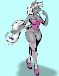  anthro breasts canid canine clothing corset eyes_closed female footwear hair high_heels legwear lingerie lotorloon mammal ribbons shoes solo stockings underwear 