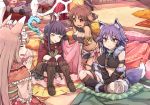  4girls ahokoo aki_makoto animal_ears boots brown_hair character_request closed_eyes commentary frills fur_trim hands_together himemiya_maho indian_style kirihara_kasumi knee_boots multiple_girls paws princess_connect! princess_connect!_re:dive purple_hair sitting staff tail thighhighs yellow_eyes 