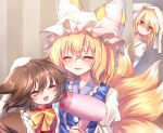  3girls :3 absurdres animal_ears blonde_hair blurry blush bow brown_hair cat_ears cat_tail chen chinese_clothes closed_eyes commentary_request depth_of_field dress drying drying_hair floating_hair fox_tail hair_bow hair_down hair_dryer hat hat_ribbon highres indoors jitome long_sleeves looking_at_another mob_cap multiple_girls multiple_tails open_mouth peeping pillow_hat pudding_(skymint_028) puffy_long_sleeves puffy_sleeves purple_dress purple_eyes red_vest ribbon shirt short_hair tabard tail touhou towel towel_on_head two_tails upper_body vest wet wet_hair white_dress white_shirt wide_sleeves yakumo_ran yakumo_yukari yellow_neckwear 
