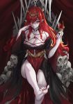  1girl barefoot blood breasts circlet cleavage cup drinking_glass earrings hair_between_eyes highres jewelry k_jin large_breasts long_hair looking_at_viewer original pale_skin pointy_ears red_eyes red_hair red_nails sitting skull solo vampire very_long_hair wine_glass 