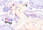  1girl bed_sheet blue_bow blue_flower blue_rose bow breasts butterfly_hair_ornament cat character_doll cleavage dress elbow_gloves emilia_(re:zero) eyebrows_visible_through_hair flower from_above gloves hair_ornament highres jewelry layered_dress long_hair looking_at_viewer lying medium_breasts necklace nemu_mohu on_back pillow puck_(re:zero) purple_eyes re:zero_kara_hajimeru_isekai_seikatsu rem_(re:zero) rose short_dress silver_hair sleeveless sleeveless_dress smile solo very_long_hair wedding_dress white_dress white_gloves 