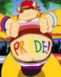  2019 belly bonicfan123 bowser bulge clothed clothing clothing_lift gay_pride hair hi_res koopa looking_at_viewer male mario_bros navel nintendo rainbow red_eyes red_hair scalie shirt shirt_lift thong topwear video_games 