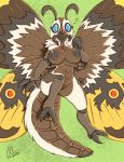  3_fingers 3_toes 4_arms 4_wings ? alternate_species antennae_(anatomy) anthro anthrofied areola arthropod arthropod_abdomen big_breasts black_areola black_nipples blue_eyes breasts brown_exoskeleton compound_eyes exoskeleton female fur insect insect_wings lepidopteran mandibles meatboom moth mothra mothra_(series) multi_arm multi_limb multi_wing nipples non-mammal_breasts pussy toes toho white_fur wings 