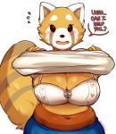  aggressive_retsuko ailurid big_tail breasts brown_fur cheek_tuft chikkbug clothed clothing clothing_lift dialogue english_text female front_view fur long_tail mammal muffin_top red_panda retsuko sanrio shirt shirt_lift simple_background solo speech_bubble striped_tail stripes text topwear tuft white_background white_fur 