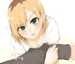  1girl arm_grab blonde_hair breast_press breasts brown_hair cleavage collarbone green_eyes heart looking_at_viewer miyamori_aoi multicolored_hair open_mouth shiny shiny_hair shirobako shirt short_hair short_sleeves simple_background small_breasts tahita1874 two-tone_hair upper_body white_background white_shirt 