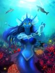  2019 5_fingers anthro blue_hair breasts cetacean clothed clothing delphinoid deviant-soulmates digital_media_(artwork) female hair hi_res looking_at_viewer mammal marine merfolk smile toothed_whale yellow_eyes 