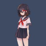  1girl alternate_costume bangs black_hair black_skirt blouse blue_eyes bright_pupils clenched_hand closed_mouth commentary highlights kill_la_kill light_frown looking_to_the_side matoi_ryuuko miniskirt mittsun multicolored_hair navy_blue_background neckerchief panties pleated_skirt red_hair red_neckwear school_uniform serafuku short_hair short_sleeves skirt solo standing streaked_hair two-tone_hair underwear white_blouse white_panties white_pupils 