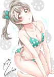  1girl absurdres all_fours bikini bow breasts brown_eyes cleavage collarbone commentary_request green_bikini grey_hair hair_bow highres long_hair looking_at_viewer love_live! love_live!_school_idol_project medium_breasts minami_kotori one_side_up polka_dot polka_dot_bikini side-tie_bikini signature solo souneko_123 swimsuit white_background 