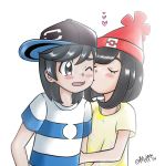  1boy 1girl black_hair blush hat metmiu mizuki_(pokemon) moon_(pokemon) open_mouth pokemon pokemon_(game) pokemon_sm pokemon_special red_headwear shirt short_hair simple_background sun_(pokemon) white_background you_(pokemon) 