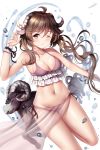  1girl animal animal_ears arknights arm_up bangs bikini blurry blurry_background blush brown_hair curled_horns eyebrows_visible_through_hair eyjafjalla frilled_bikini frills hair_between_eyes highres horns long_hair looking_at_viewer navel one_eye_closed purple_eyes see-through skirt smile solo swimsuit water white_background wsman 