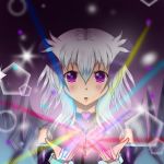  1girl blush cyan_(artist) gachaworld heart horns light lunime lunith open_mouth purple_eyes white_hair 