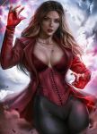  1girl absurdres arm_up aura avengers avengers:_endgame avengers:_infinity_war blue_eyes breasts brown_hair cameltoe captain_america_civil_war cleavage cloud corset cowboy_shot energy fingerless_gloves gloves groin highres jacket jewelry leggings lipstick logan_cure long_hair looking_at_viewer magic makeup marvel medium_breasts mole mole_on_cheek mole_on_neck nail_polish necklace non-anime_related parted_lips red_gloves red_jacket red_nails ring scarlet_witch skin_tight solo wanda_maximoff 