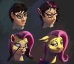  anthro black_hair eqlipse_(artist) equid equine eyewear fluttershy_(mlp) friendship_is_magic glasses green_eyes hair horse human_to_anthro invalid_tag mammal my_little_pony open_mouth pink_hair pony sequence simple_background solo species_transformation surprise transformation 