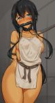  1girl arms_behind_back bdsm bit_gag black_hair blue_eyes blush bondage bound bound_arms breasts collar dark_skin gag gagged highres large_breasts leash no_bra no_panties original pelvic_curtain saliva sideboob tears thick_thighs thighs yuzu_lemon 