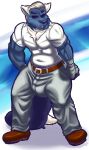  anthro belt bulge canid canine canis clothing deimion_j_shadowwolf gloves male mammal muscular muscular_male simple_background solo standing tight_clothing wolf 