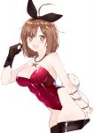  1girl animal_ears atelier_(series) atelier_ryza black_legwear blush breasts brown_eyes brown_hair bunny_ears bunny_girl bunny_tail cleavage collarbone commentary_request detached_collar eyebrows_visible_through_hair fake_animal_ears fang from_side gloves hair_ornament hairclip leaning_forward leotard looking_at_viewer open_mouth reisalin_stout ryuuno6 see-through single_glove solo strapless strapless_leotard tail thighhighs thighhighs_pull thighs wrist_cuffs 