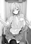  1girl bangs black_legwear blurry blurry_background blush bra bra_through_clothes breasts cleavage closed_mouth collarbone collared_shirt commentary_request covered_nipples doorway eyebrows_visible_through_hair fine_fabric_emphasis gentsuki greyscale hand_up highres indoors lace lace-trimmed_bra large_breasts leg_up long_hair looking_at_viewer monochrome no_shoes original partially_unbuttoned plaid plaid_skirt pleated_skirt school_uniform see-through shirt sidelocks skirt solo thighhighs underwear wet wet_clothes 
