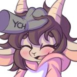  ambiguous_gender anthro blush bovid brown_hair caprine clothed clothing duo eyes_closed female female_focus goat hair headpat hoodie horn long_hair mammal open_mouth pix_tail smile solo_focus tongue ych_(character) 