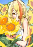  1girl absurdres blonde_hair blush dress flower highres holding holding_flower multicolored_hair nikaidou_saki one_eye_covered petals smile summer sundress sunflower tusken1iii23 two-tone_hair yellow_eyes zombie_land_saga 