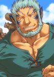  1boy animal animal_on_shoulder aqua_shirt beard blue_hair cloud collarbone day facial_hair fire_emblem fire_emblem:_souen_no_kiseki grin kirupi male_focus mordecai one_eye_closed outdoors pointy_ears red_eyes shiny shiny_hair shirt smile solo squirrel tattoo 