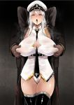  1boy 1girl armpits arms_behind_head azur_lane bangs between_breasts black_coat black_legwear black_neckwear breast_grab breasts cleavage commentary_request enterprise_(azur_lane) eyebrows_visible_through_hair grabbing grabbing_from_behind hair_between_eyes half-closed_eyes hat heart heart-shaped_pupils heavy_breathing highleg highleg_panties highres large_breasts long_hair looking_at_viewer messy_hair necktie necktie_between_breasts no_pants open_mouth panties peaked_cap pubic_hair pubic_hair_peek purple_eyes saliva saliva_trail shiny shiny_skin shirt silver_hair sleeveless sleeveless_shirt solo_focus standing sweat symbol-shaped_pupils thighhighs tongue tongue_out underwear very_long_hair wet wet_clothes wet_panties white_panties white_shirt zerogura 