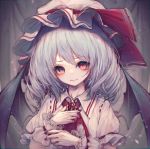  1girl ascot bangs bat_wings blue_hair brooch commentary eyebrows_visible_through_hair hand_on_own_chest hat hat_ribbon highres hito_komoru jewelry looking_at_viewer mob_cap puffy_short_sleeves puffy_sleeves red_eyes red_neckwear red_ribbon remilia_scarlet ribbon short_hair short_sleeves smile solo symbol_commentary touhou upper_body white_headwear wings wrist_cuffs 