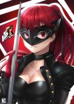  1girl black_jacket black_leotard black_ribbon breasts cleavage collar collarbone copyright_name gloves grin hair_ribbon highres holding holding_sword holding_weapon jacket layered_sleeves leotard long_hair long_sleeves looking_at_viewer mask naobhal open_clothes open_jacket persona_5_the_royal ponytail red_eyes red_gloves red_hair ribbon smile solo sword upper_body weapon yoshizawa_kasumi 