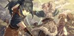  1girl 2boys androgynous black_hairband black_kimono blue_hair brown_eyes brown_hair day eyebrows_visible_through_hair fire_emblem fire_emblem_if floating_hair hair_between_eyes hair_ribbon hairband hinata_(fire_emblem_if) holding holding_bow holding_polearm holding_sword holding_weapon japanese_clothes katana kimono long_hair long_sleeves mooncanopy multiple_boys oboro_(fire_emblem_if) open_mouth outdoors panties red_ribbon ribbon silver_hair sword takumi_(fire_emblem_if) underwear weapon white_panties 