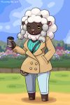  2019 alternate_species anthro anthrofied bovid brown_body caprine clothing disposable_cup female furrification hand_in_pocket hi_res holding_cup holding_object jacket looking_at_viewer mammal miltonholmes nintendo open_mouth open_smile outside pockets pok&eacute;mon pok&eacute;mon_(species) pok&eacute;morph smile solo sonia_(pok&eacute;mon) standing topwear video_games wooloo yellow_sclera 