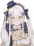  1girl bangs blush dress facial_mark girls_frontline green_eyes hat hk416_(girls_frontline) long_hair looking_at_viewer nlitz silver_hair simple_background solo stuffed_animal stuffed_toy teddy_bear white_background 