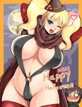  1boy 1girl 2016 armpits arms_up black_hair blonde_hair blue_eyes breasts covered_nipples elbow_gloves fang full_moon gloves halloween happy_halloween hat heart large_breasts long_hair moon navel nekuraneko night one_eye_closed original red_gloves red_legwear short_hair smile swimsuit twintails witch_hat 